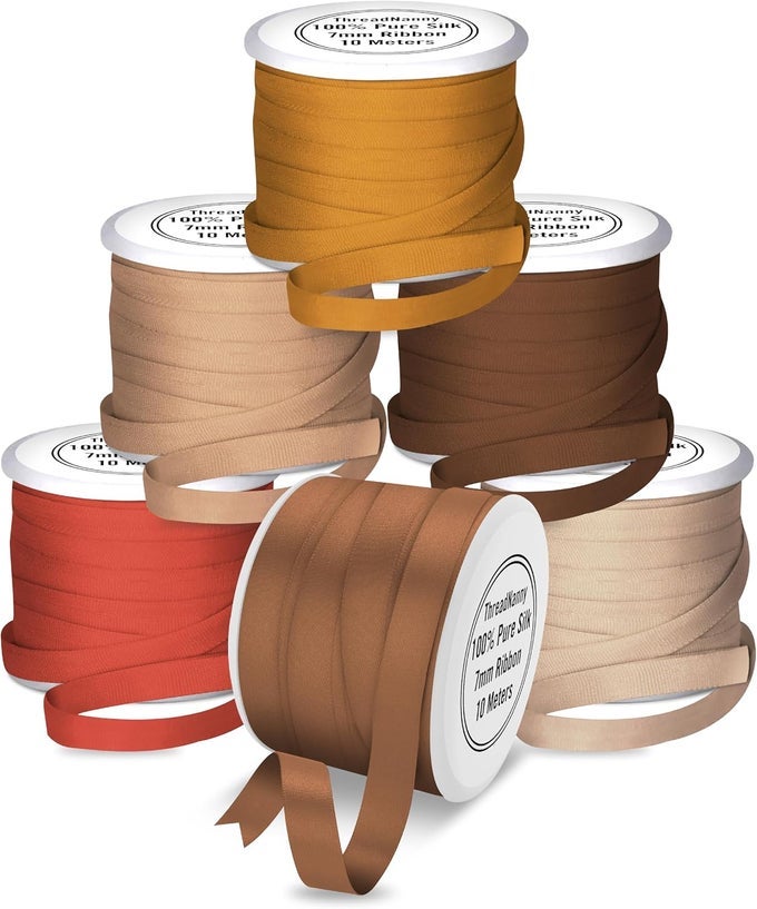 NEW 7MM SIZE 6 SPOOLS OF 100 PURE SILK RIBBONS BROWN TONES 60 MTS X 7MM