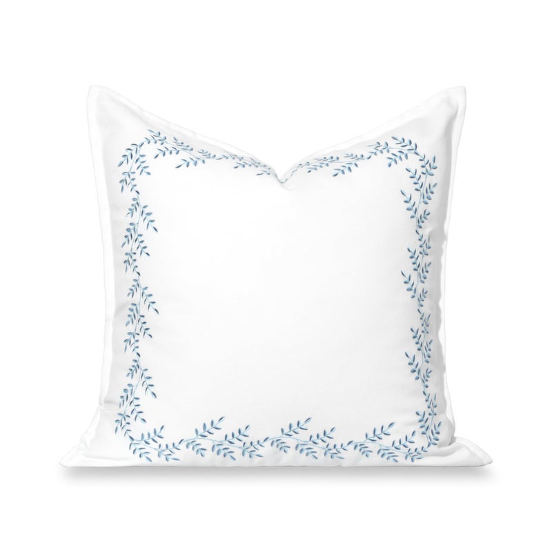 Hofdeco Premium Grandmillennial Coastal Hampton Patio Indoor Outdoor Throw Pillow Cover Only 20x20 Water Repellent for Backyard Couch Poolside Baby Blue Embroidered Leaves Frame - Image 2