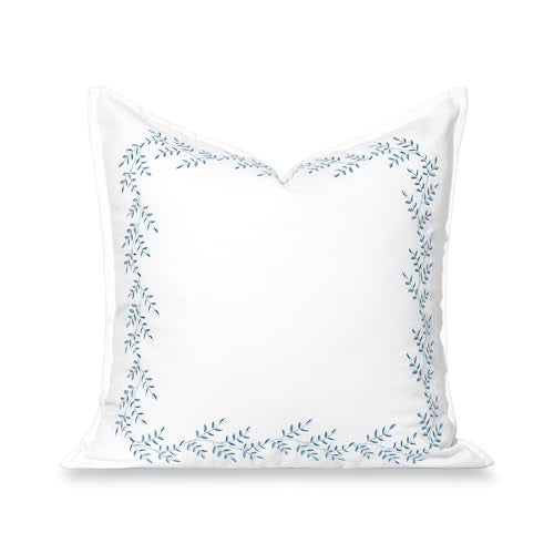 Hofdeco Premium Grandmillennial Coastal Hampton Patio Indoor Outdoor Throw Pillow Cover Only 20x20 Water Repellent for Backyard Couch Poolside Baby Blue Embroidered Leaves Frame - Image 1