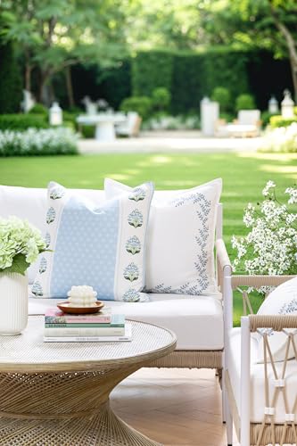Hofdeco Premium Grandmillennial Coastal Hampton Patio Indoor Outdoor Throw Pillow Cover Only 20x20 Water Repellent for Backyard Couch Poolside Baby Blue Embroidered Leaves Frame - Image 3