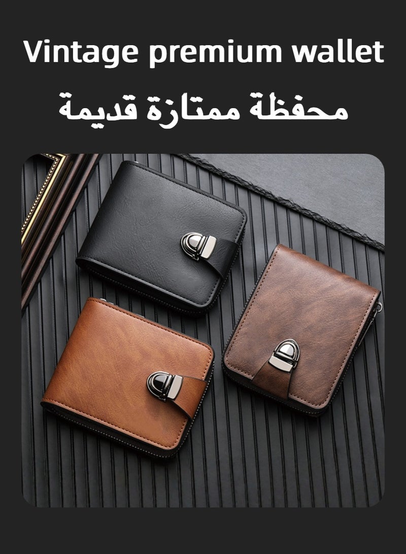 Men's Leather Bi-Fold Wallet, Buckle Zipper Around Short Wallet, Multi Slot Credit Card Holder for Daily Carry, Commute, Business, Gift - Image 2