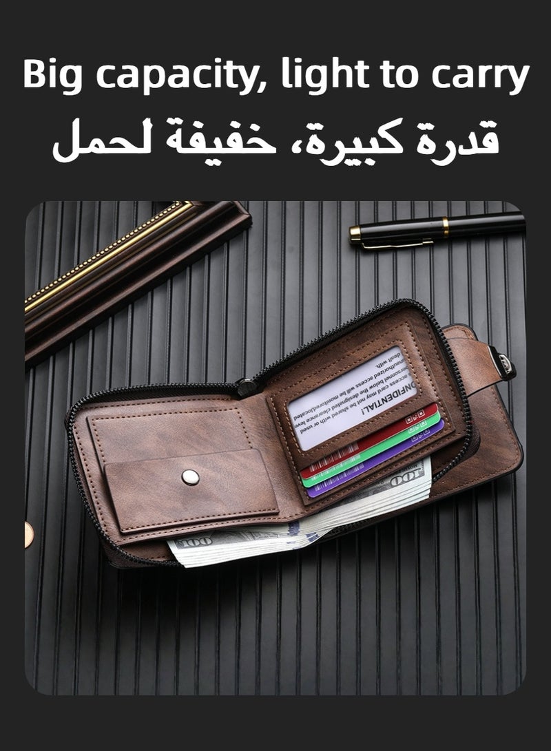 Men's Leather Bi-Fold Wallet, Buckle Zipper Around Short Wallet, Multi Slot Credit Card Holder for Daily Carry, Commute, Business, Gift - Image 4