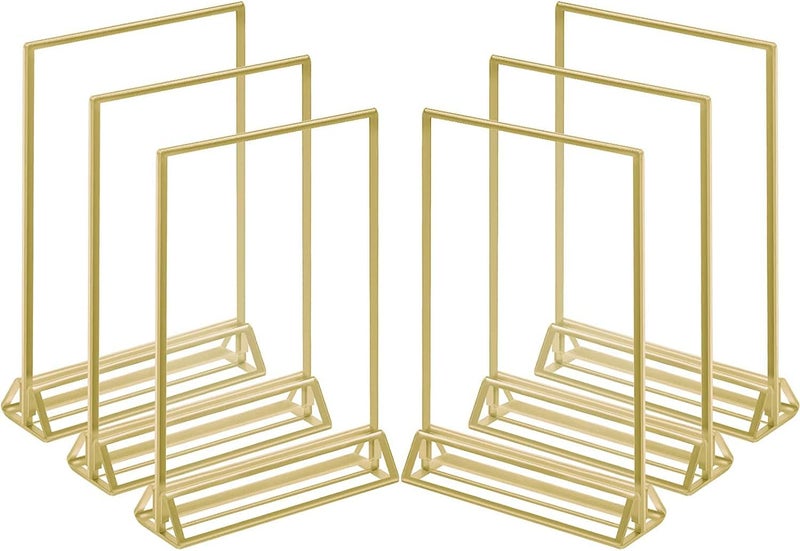 Angju 6 Pieces Gold Rimmed Clear Acrylic Table Sign Holders, Double Sided Frame with Gold Border and Vertical Stand for Wedding Table Number, Restaurant Sign, Photo Display, Menu Holder (10x15cm) - Image 1