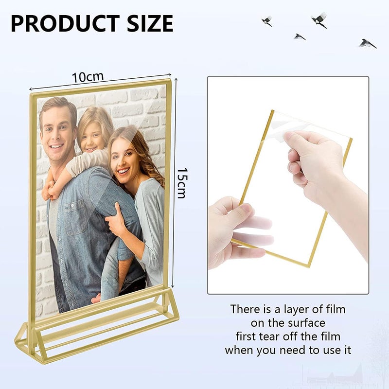 Angju 6 Pieces Gold Rimmed Clear Acrylic Table Sign Holders, Double Sided Frame with Gold Border and Vertical Stand for Wedding Table Number, Restaurant Sign, Photo Display, Menu Holder (10x15cm) - Image 2