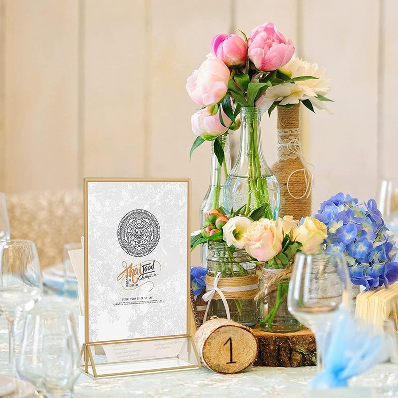 Angju 6 Pieces Gold Rimmed Clear Acrylic Table Sign Holders, Double Sided Frame with Gold Border and Vertical Stand for Wedding Table Number, Restaurant Sign, Photo Display, Menu Holder (10x15cm) - Image 4