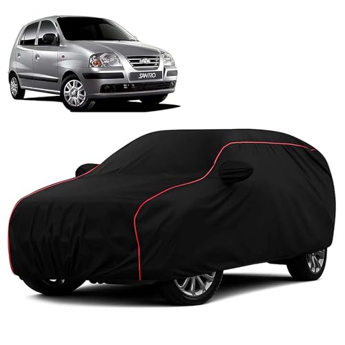 Sulfar 100% Water Resistant Car Body Cover Compatible with Mirror for Hyundai Santro Xing (Triple Stitched, Full Bottom Elastic, Black with Red Piping) - Image 1