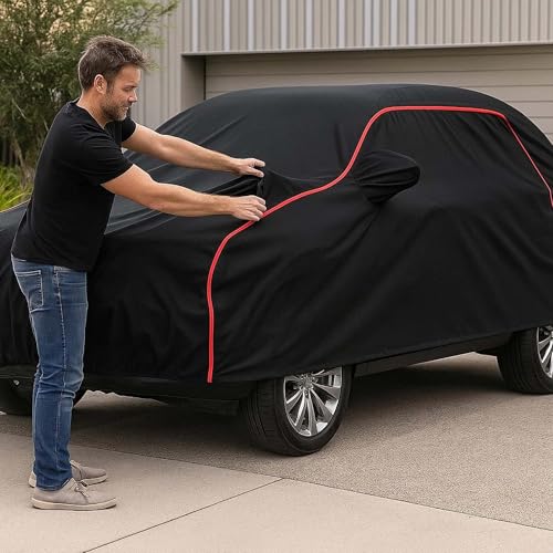 Sulfar 100% Water Resistant Car Body Cover Compatible with Mirror for Hyundai Santro Xing (Triple Stitched, Full Bottom Elastic, Black with Red Piping) - Image 5
