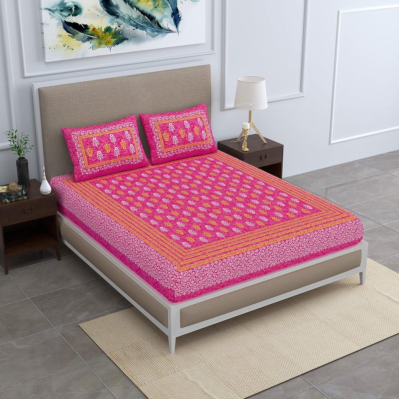 SheetKart Jaipuri Traditonal Sanganeri Print 144 TC Cotton Double Bedsheet with 2 Pillow Covers Pink - Image 4