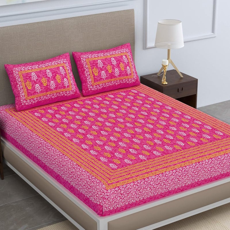 SheetKart Jaipuri Traditonal Sanganeri Print 144 TC Cotton Double Bedsheet with 2 Pillow Covers Pink - Image 1