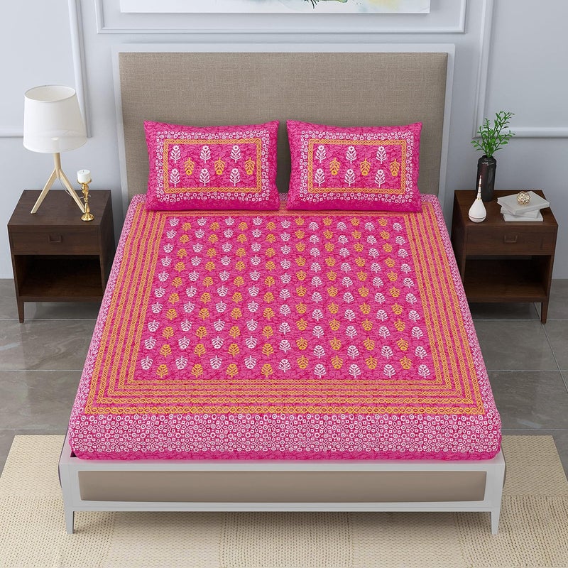 SheetKart Jaipuri Traditonal Sanganeri Print 144 TC Cotton Double Bedsheet with 2 Pillow Covers Pink - Image 5