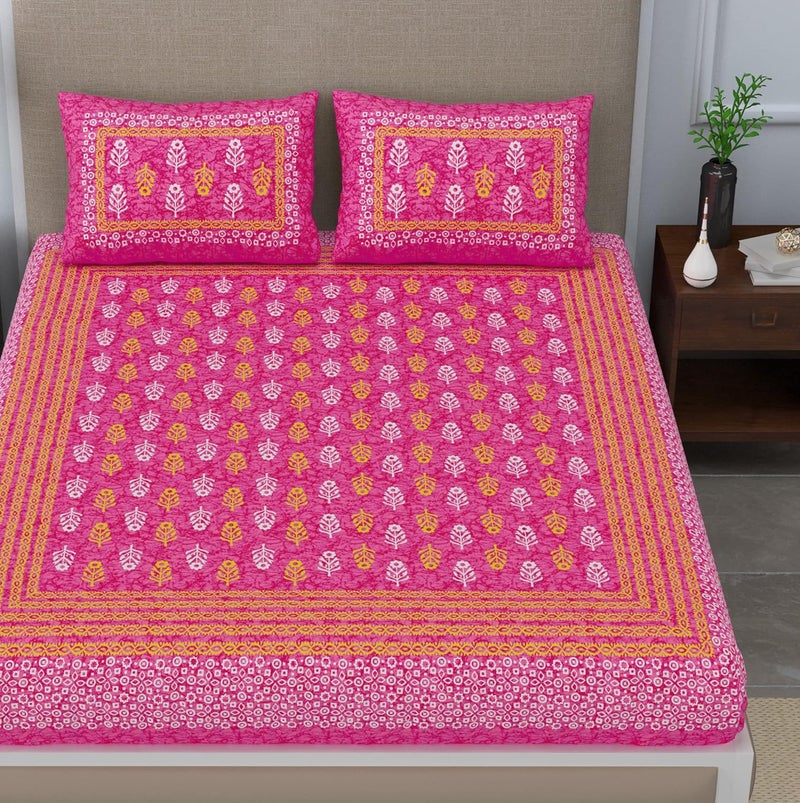 SheetKart Jaipuri Traditonal Sanganeri Print 144 TC Cotton Double Bedsheet with 2 Pillow Covers Pink - Image 2
