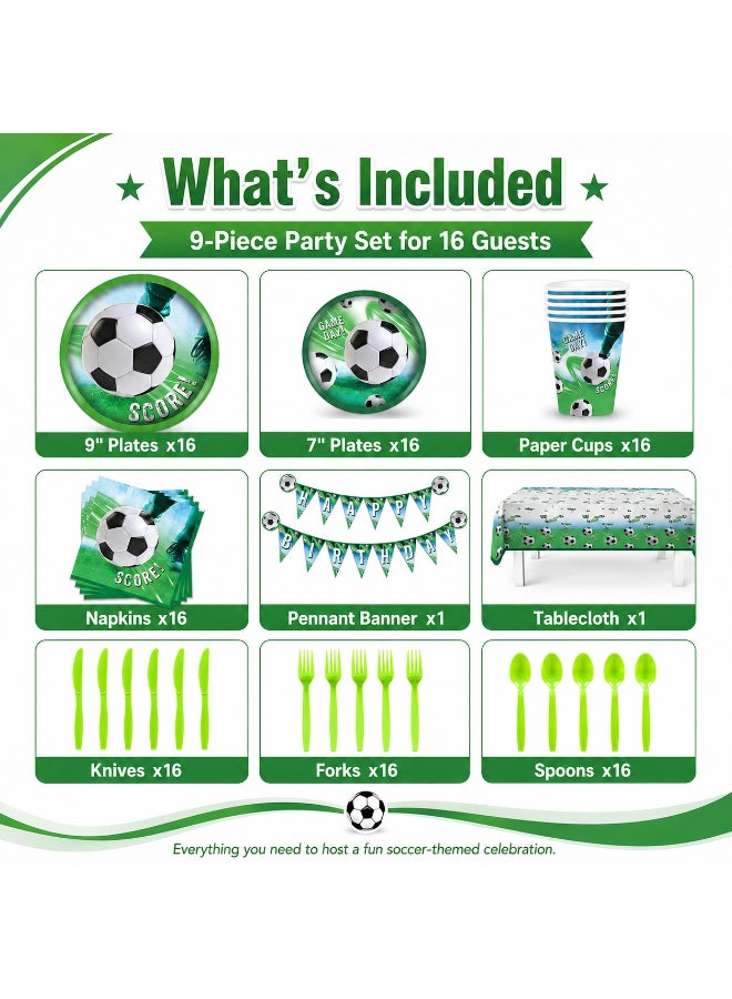 Kidzilla 82 PCS Soccer Birthday Party Supplies Kit for Kids – Football Theme Party Decorations Set with Plates, Cups, Napkins, Banner, Tablecloth & Cutlery - Image 3