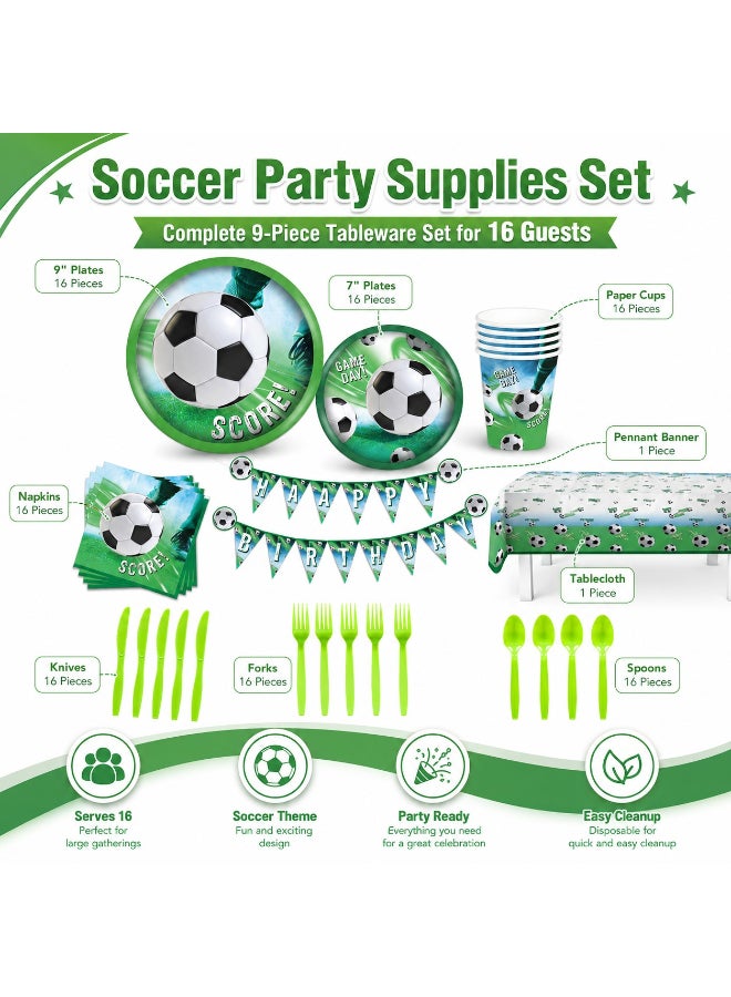Kidzilla 82 PCS Soccer Birthday Party Supplies Kit for Kids – Football Theme Party Decorations Set with Plates, Cups, Napkins, Banner, Tablecloth & Cutlery - Image 1