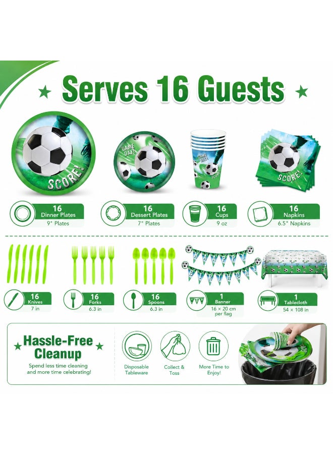 Kidzilla 82 PCS Soccer Birthday Party Supplies Kit for Kids – Football Theme Party Decorations Set with Plates, Cups, Napkins, Banner, Tablecloth & Cutlery - Image 2