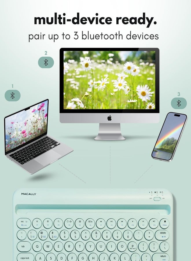 Macally Bluetooth Keyboard for Tablet | Wireless Keyboard for iPad | iPhone Keyboard (Multi-Device, Built-in Stand, Rechargeable) Easy to Use and Cute Portable Keyboard - Mint Green - Image 3