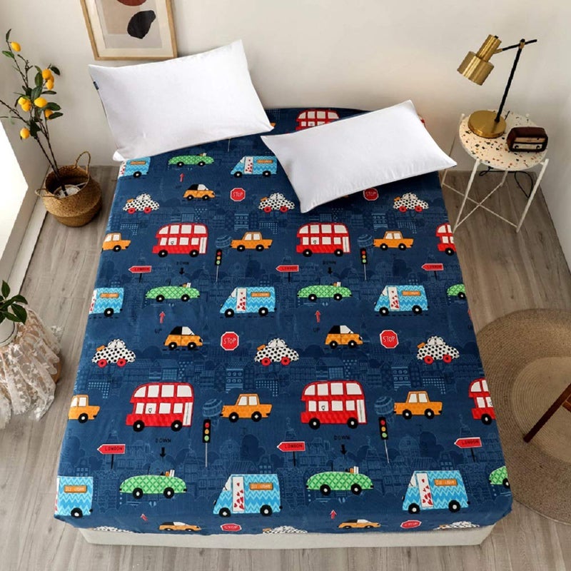 NATURETY Bedding Fitted Sheet with Deep Pocket Mattress Cover Sheets,Thicken Fabric Cars Printed Bed Sheets (Navy Blue(Cars), Twin) - Image 1