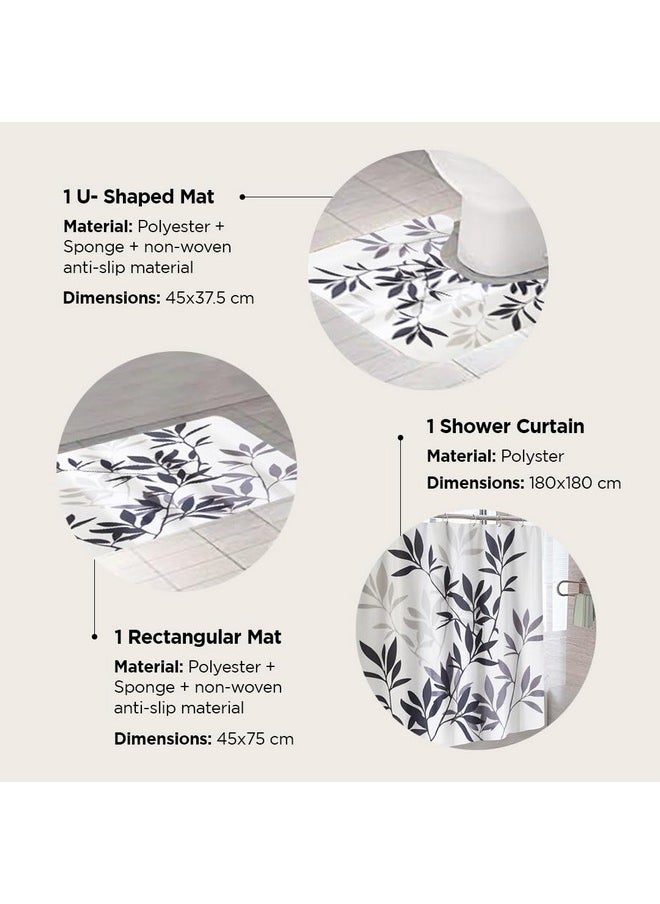 Umai UMAI Shower Curtain (180X180 cm) & Bathmat 3 Pcs Set|6ft|Creative Vibrant Coloured Polyster Curtain Sets with Non-Slip Bath mats for Bathroom|Easy-Slide Curtains|Quick Dry,Soft Mats (Blue-Grey Leaves)  - Image 3
