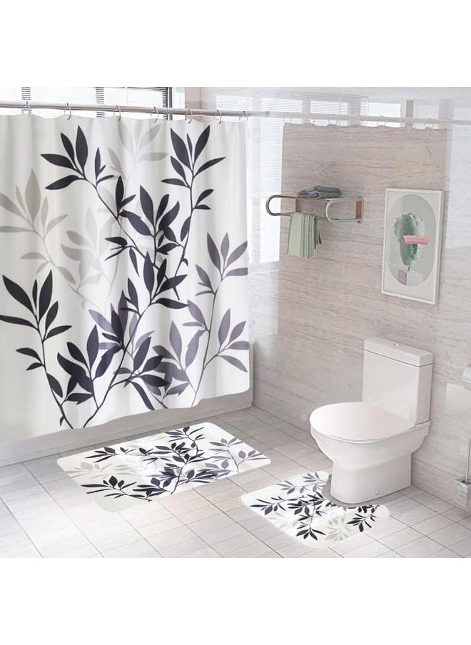 Umai UMAI Shower Curtain (180X180 cm) & Bathmat 3 Pcs Set|6ft|Creative Vibrant Coloured Polyster Curtain Sets with Non-Slip Bath mats for Bathroom|Easy-Slide Curtains|Quick Dry,Soft Mats (Blue-Grey Leaves)  - Image 1