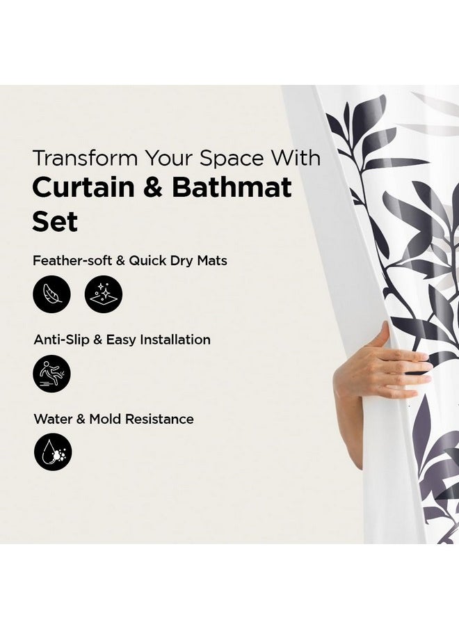 Umai UMAI Shower Curtain (180X180 cm) & Bathmat 3 Pcs Set|6ft|Creative Vibrant Coloured Polyster Curtain Sets with Non-Slip Bath mats for Bathroom|Easy-Slide Curtains|Quick Dry,Soft Mats (Blue-Grey Leaves)  - Image 2