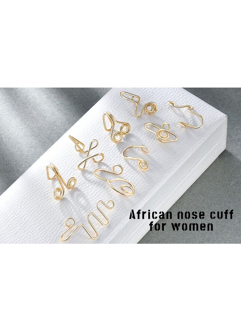Excefore 9 Pcs African Nose Cuff Non Piercing Gold Nose Cuff Fake Nose Ring Gold Plating Nose Ring Cuffs Set Fake Piercings Tribal Nose Cuff Clip on Nose Ring for Women Men  - Image 3