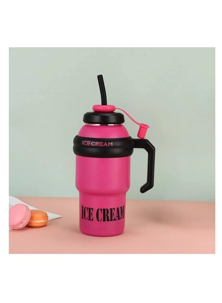 زجاجة مياه كبيرة مفرغة من الهواء من الستانلس ستيل سعة 1000 مل، كوب قهوة معزول بمقبض وماصة، كوب مزدوج الجدار للمشروبات الساخنة والباردة، ثيرموس خارجي، مانع للتسرب (فوشيا) - Image 1