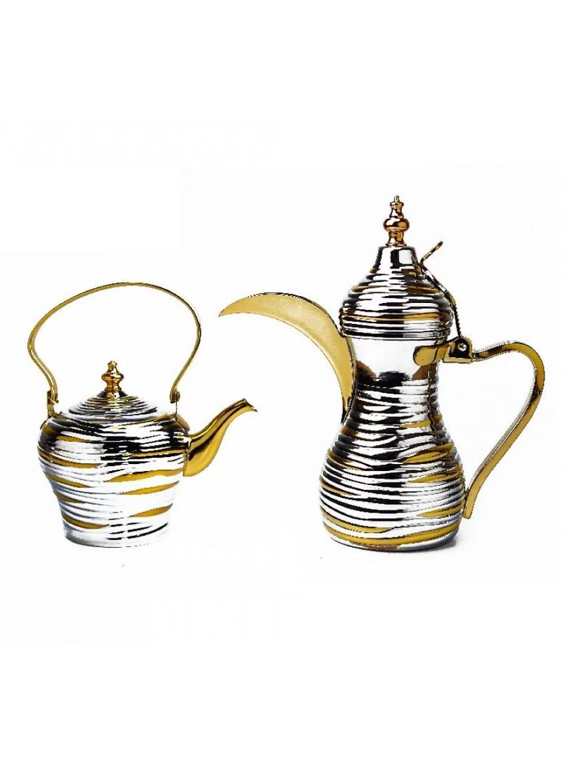 باصرة طقم دلة مع براد باصرة بلونين ذهبي و فضي