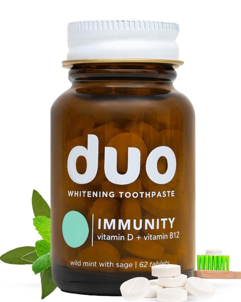 Duo Immunity Toothpaste Tablets Vitamin D3 B12 wNanoHydroxyapatite nHa Whitening Remineralize Reduce Sensitivity Sustainable Plastic Free Wild Mint wSage 1 Bottle 62 Tablets