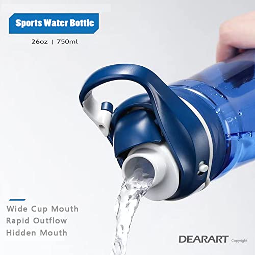 DEARART Blue Water Bottle No Straw, 100% Leakproof Clear Bottles with Handle Easy Carried, Wide Mouth AUTOSPOUT Lock Button Flip Up Lid, Suit Sports School Travel Office Gym, 26oz - Image 2