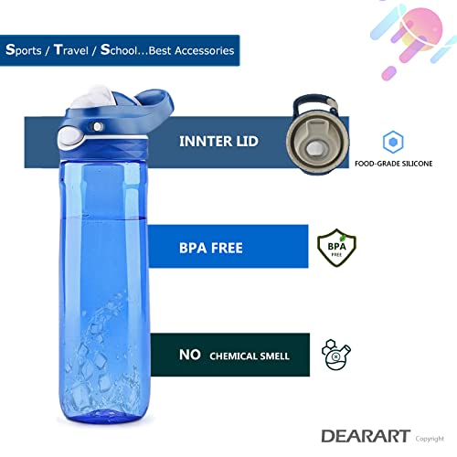 DEARART Blue Water Bottle No Straw, 100% Leakproof Clear Bottles with Handle Easy Carried, Wide Mouth AUTOSPOUT Lock Button Flip Up Lid, Suit Sports School Travel Office Gym, 26oz - Image 3