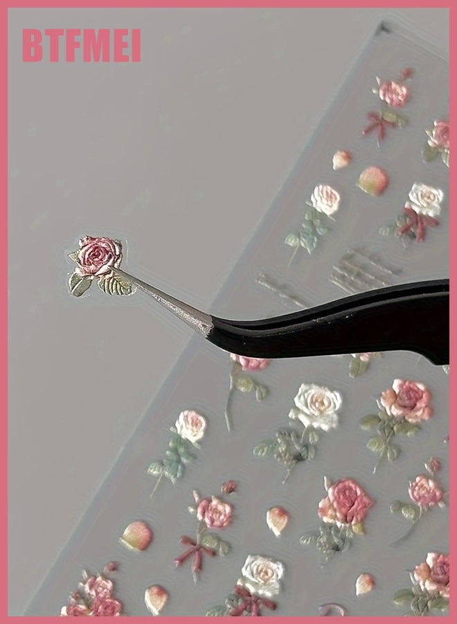 بتفمي ٥ أوراق من ملصقات أظافر الورد الكلاسيكي، ديكورات أظافر زهور ثلاثية الأبعاد، ملصقات مانيكير ذاتية اللصق للنساء والبنات، إكسسوارات أظافر أنيقة - Image 3