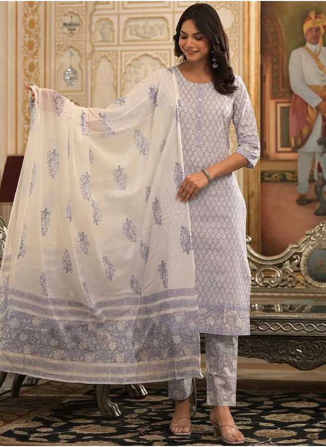Vishudh Women Blue Floral Printed Cotton Kurta Set by Styli