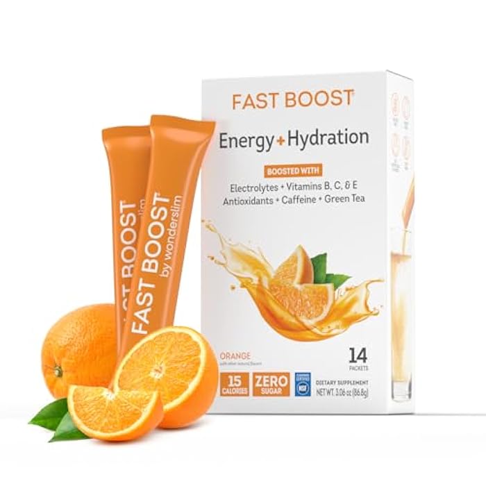 WonderSlim FAST BOOST Energy & Hydration Drink Mix - Orange | Sugar Free Electrolyte Powder Packets with Antioxidants, Green Tea Extract, B Vitamins, Vitamin C & E | 14 Stick Packs - Image 1