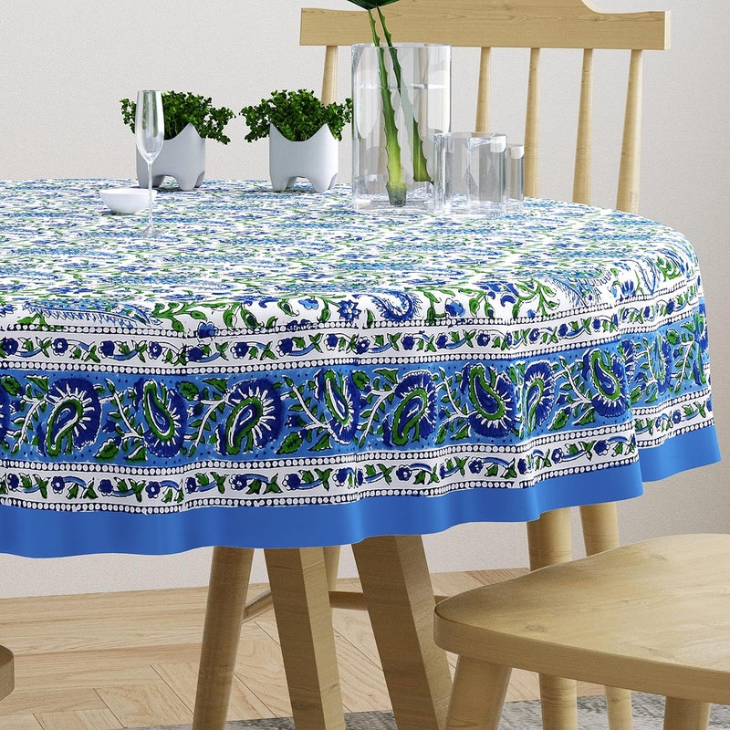 BLOCKS OF INDIA Cotton Hand Block Printed 72 Inch Round Table Cloth Design 4 - Image 1