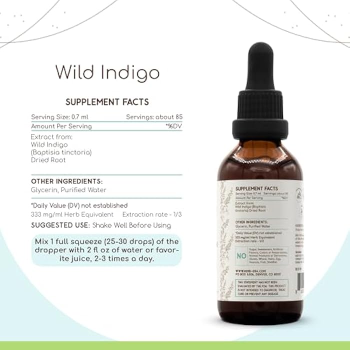 HerbEra Wild Indigo B60 Alcohol-Free Herbal Extract Tincture, Concentrated Liquid Drops Natural Wild Indigo Root (Baptisia tinctoria) Dried Root (2 fl oz) - Image 3