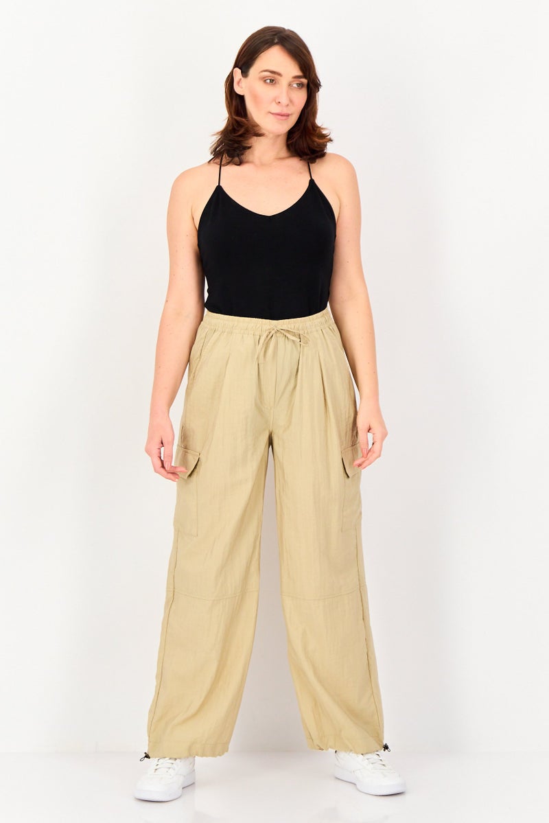 promod Women Regular Fit Plain Cargo Pants, Beige - Image 2