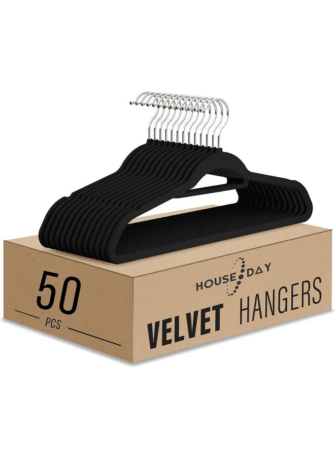 HOUSE DAY HOUSE DAY Clothes Hangers Pack of 50 Velvet Coat Hangers Black Non-Slip Space Saving Hangers Adult Hangers L16.8 D1/4"  - Image 1