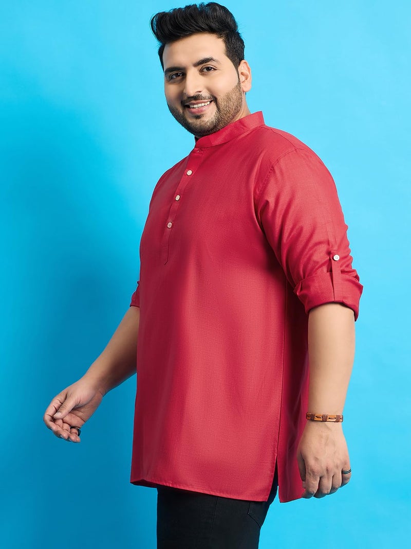 Bigbanana Plus Size Men's Regular Fit Solid Short Kurta (Pollan-Red,Red,7XL) - Image 3