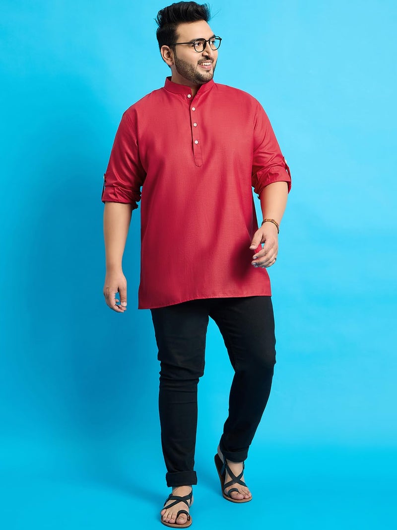 Bigbanana Plus Size Men's Regular Fit Solid Short Kurta (Pollan-Red,Red,7XL) - Image 2