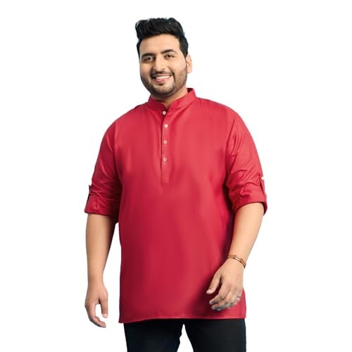 Bigbanana Plus Size Men's Regular Fit Solid Short Kurta (Pollan-Red,Red,7XL) - Image 1