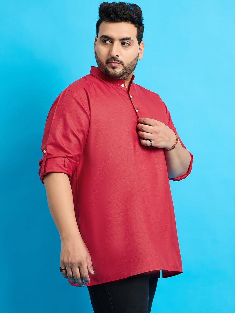 Bigbanana Plus Size Men's Regular Fit Solid Short Kurta (Pollan-Red,Red,7XL) - Image 4