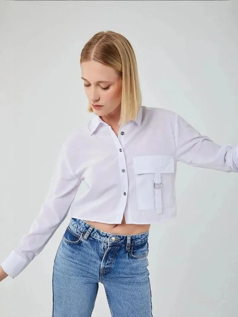 MixRay Dusty White Cropped Poplin Shirt with Pocket Detail for Women | Best Price UAE
