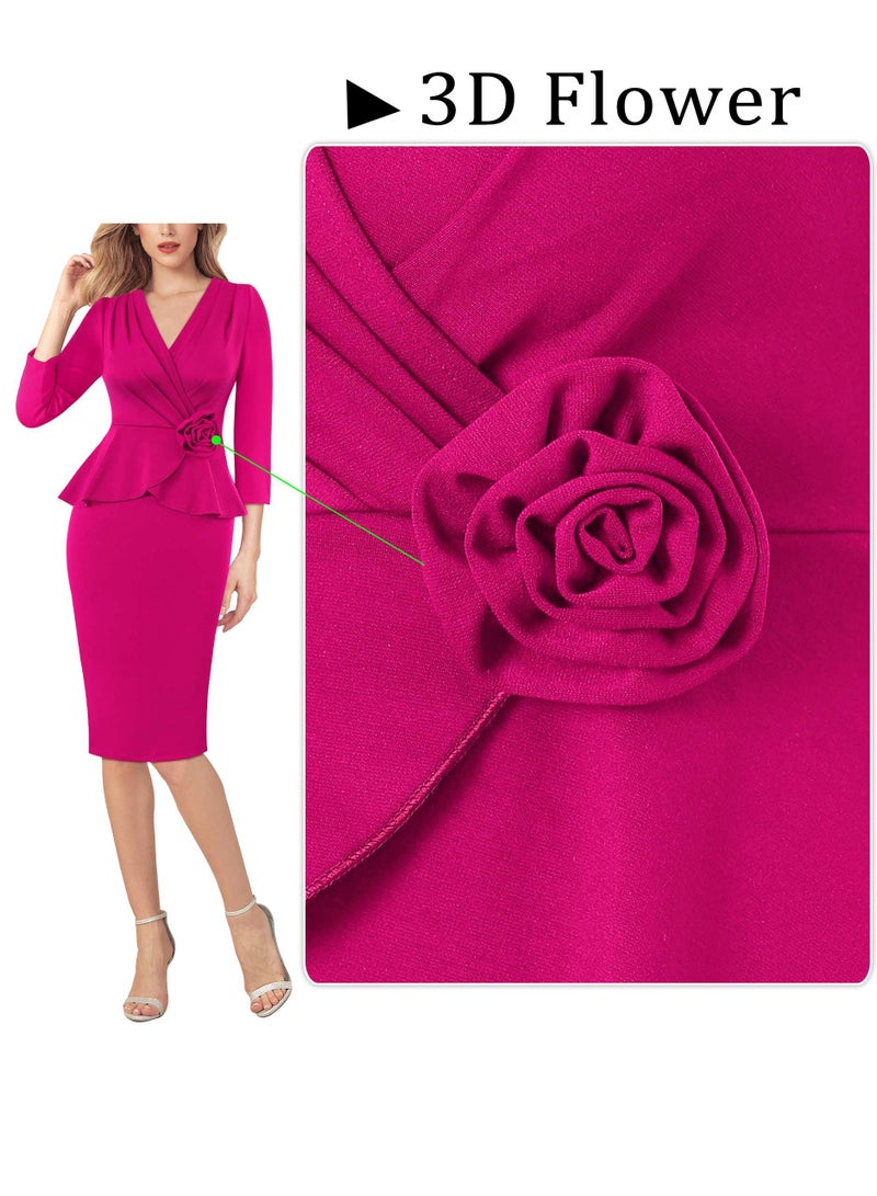 VFSHOW Womens 2024 Business Church Vintage Retro 50s 1950s Dresses Peplum Faux Wrap V Neck Work Office Pencil Sheath Bodycon Dress (Hot Pink, Small) 11351 HPIK S - Image 5