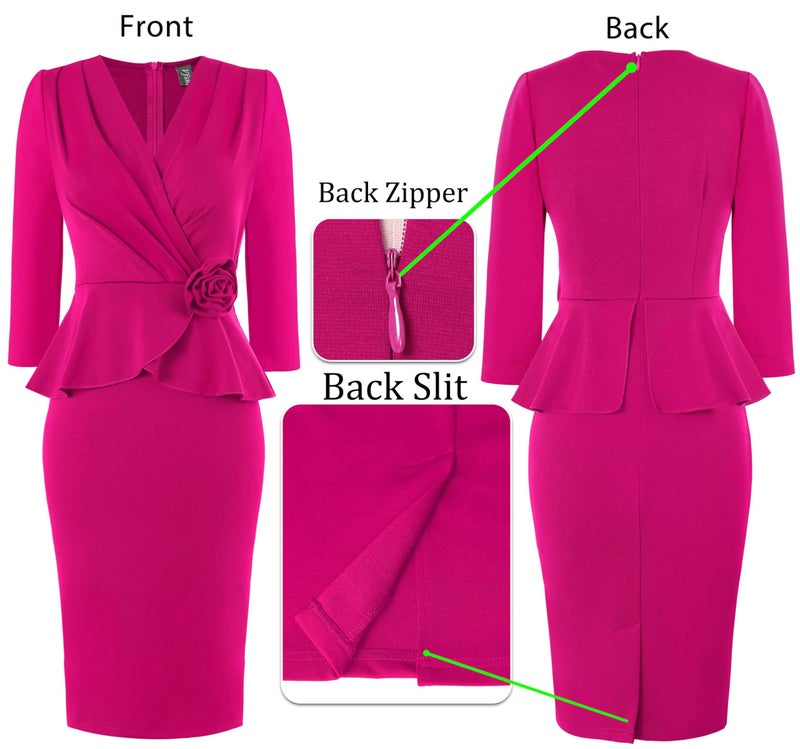 VFSHOW Womens 2024 Business Church Vintage Retro 50s 1950s Dresses Peplum Faux Wrap V Neck Work Office Pencil Sheath Bodycon Dress (Hot Pink, Small) 11351 HPIK S - Image 4
