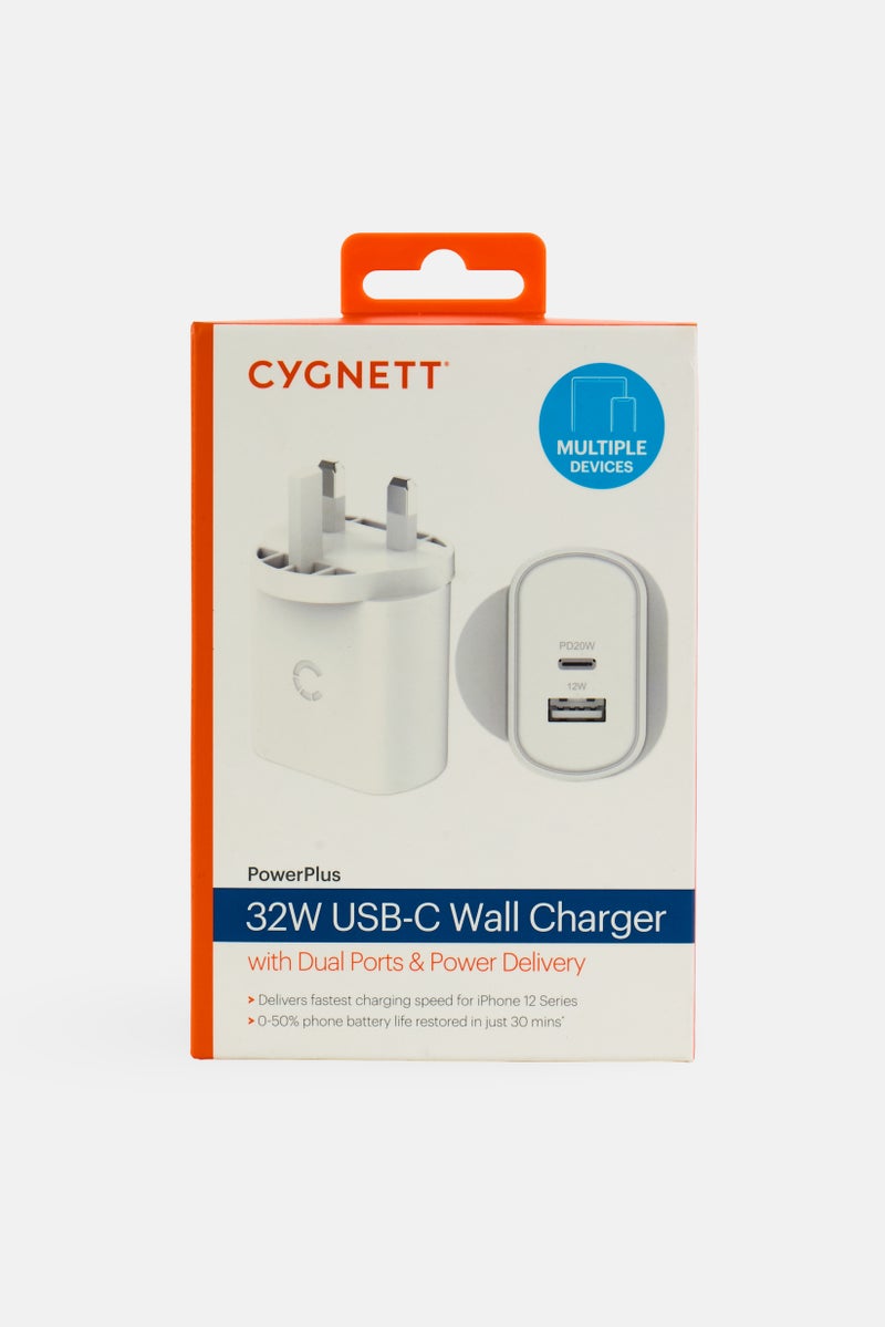 Cygnett PowerPlus 32W USB-C Wall Charger with Dual Ports, White - Image 1
