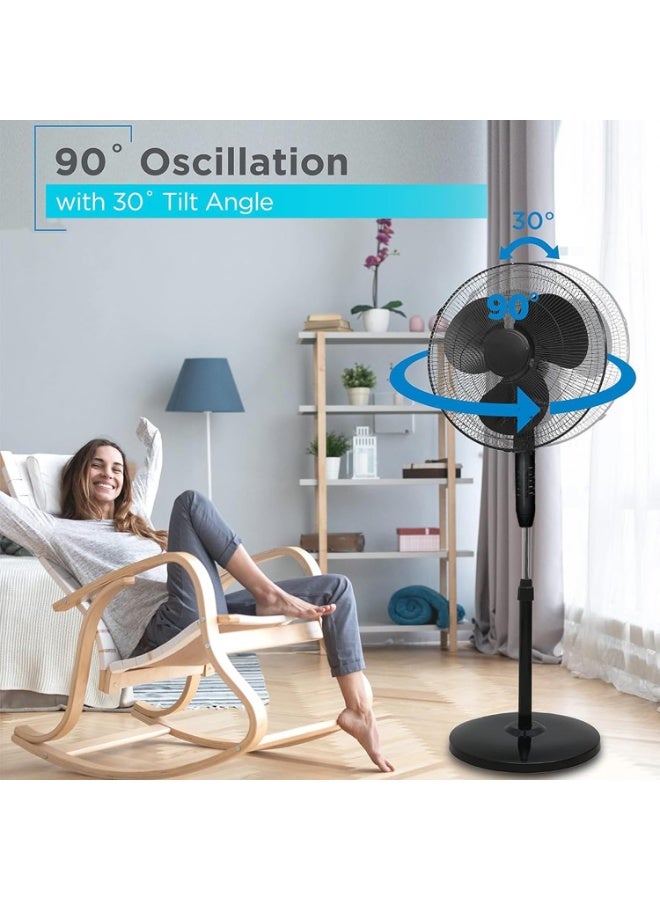 Jorunb Pedestal Stand Fan with Remote Control,16 inch,3 Speed& Adjustable Height,140° Levels rotation Angle,3 Leaf Blade Quiet Power Saving with 7.5 Hour Timer floor fan,for Bedroom Home Office (Black) - Image 2