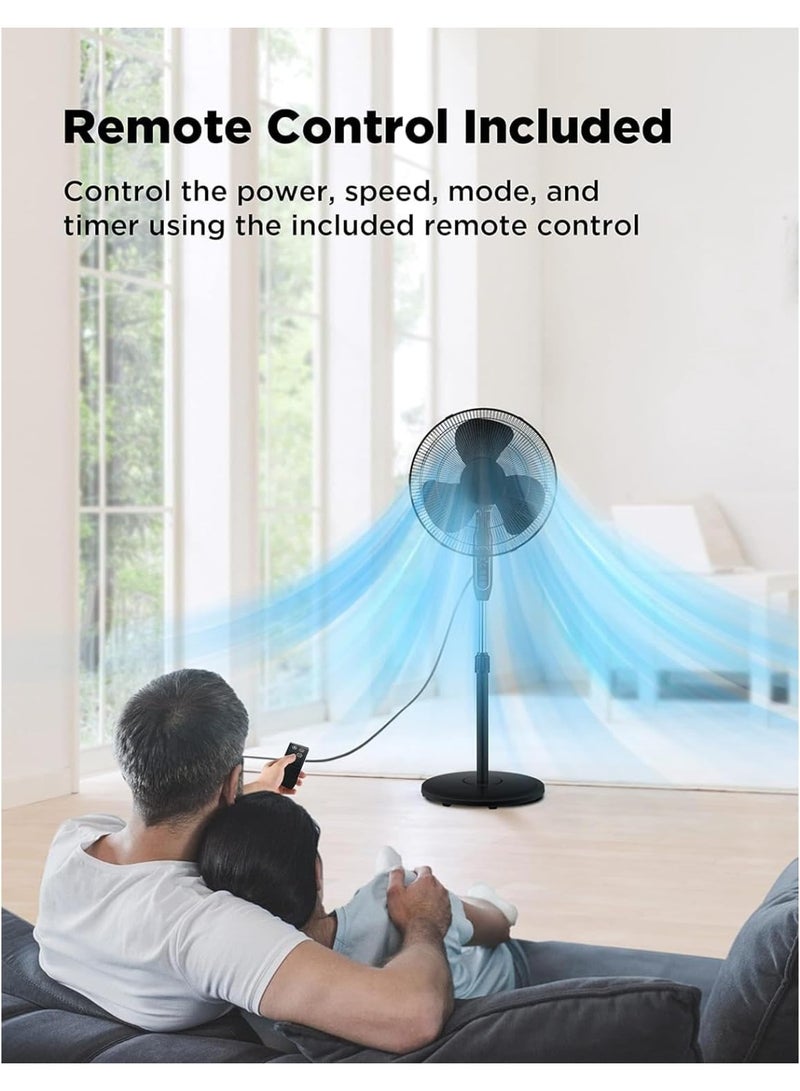 Jorunb Pedestal Stand Fan with Remote Control,16 inch,3 Speed& Adjustable Height,140° Levels rotation Angle,3 Leaf Blade Quiet Power Saving with 7.5 Hour Timer floor fan,for Bedroom Home Office (Black) - Image 5