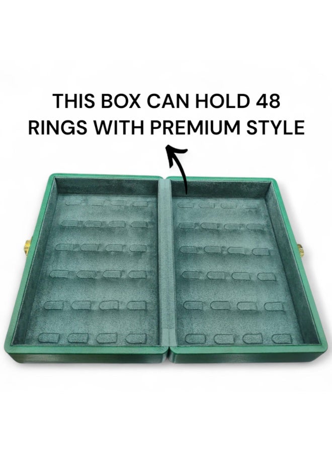 Al Seraj Luxury 48 Ring Jewellery Organizer Box Made in Dubai | Premium Green Soft Leather with Suede Interior | Lockable Ring Display Case for Gold & Diamond Storage | Elegant Jewelry Gift Box – 22.3 × 15.3 × 8.3 cm - Image 5