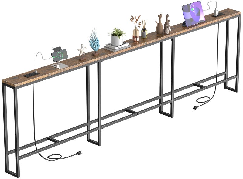 SANXUO طاولة كونسول ضيقة إضافية بطول 102 بوصة من سانشيو مع محطة شحن (2 مخرج + USB-C)، طاولة أريكة، طاولة خلف الأريكة مع رفوف تخزين من 3 طبقات لمدخل المنزل والمساحات الصغيرة (بني ريفي) - Image 1