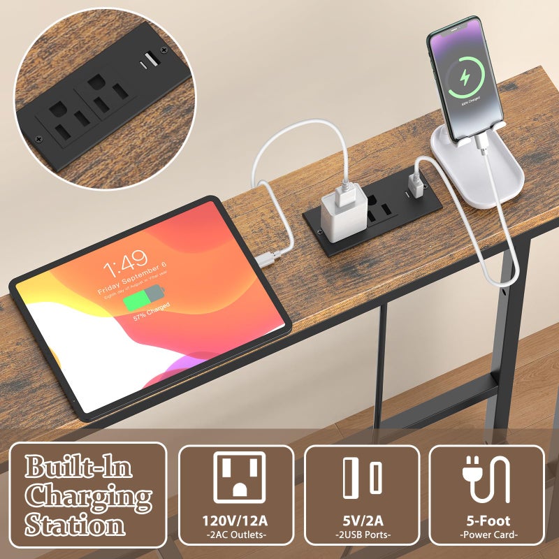 SANXUO طاولة كونسول ضيقة إضافية بطول 102 بوصة من سانشيو مع محطة شحن (2 مخرج + USB-C)، طاولة أريكة، طاولة خلف الأريكة مع رفوف تخزين من 3 طبقات لمدخل المنزل والمساحات الصغيرة (بني ريفي) - Image 4
