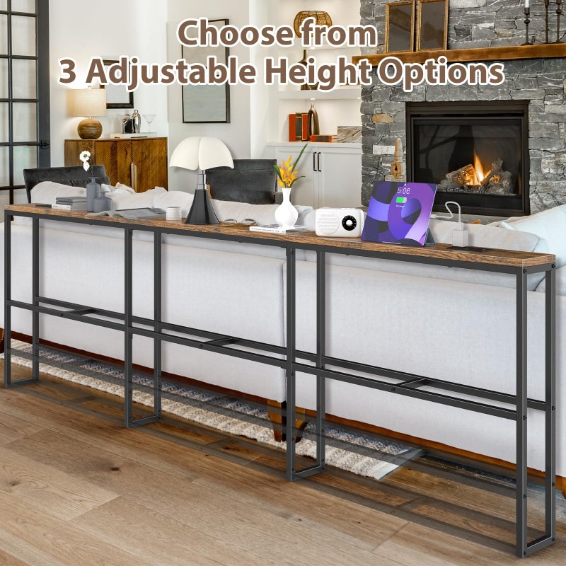 SANXUO طاولة كونسول ضيقة إضافية بطول 102 بوصة من سانشيو مع محطة شحن (2 مخرج + USB-C)، طاولة أريكة، طاولة خلف الأريكة مع رفوف تخزين من 3 طبقات لمدخل المنزل والمساحات الصغيرة (بني ريفي) - Image 5